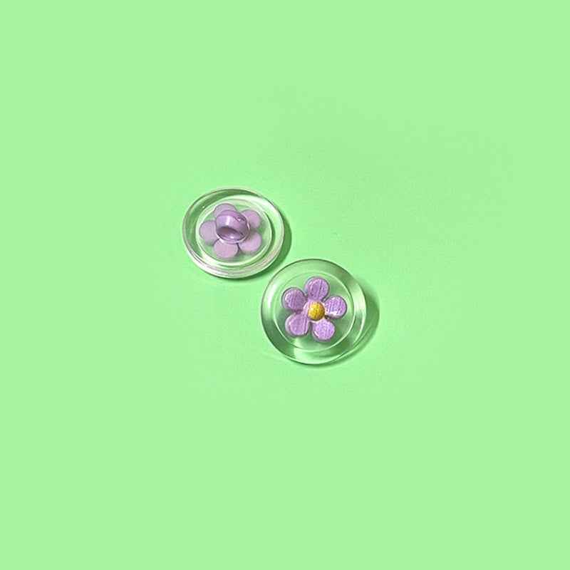 Purple flower transparent plastic shank buttons with yellow center, round two-tone (2 shown)