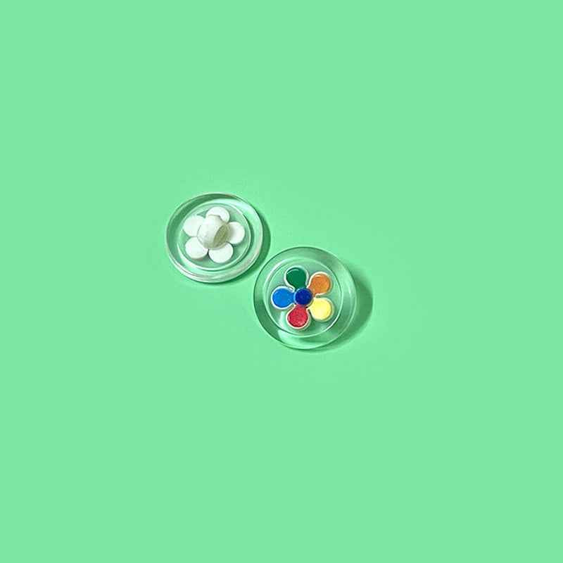 Colorful flower and white flower transparent plastic shank buttons, round two-tone (2 shown)