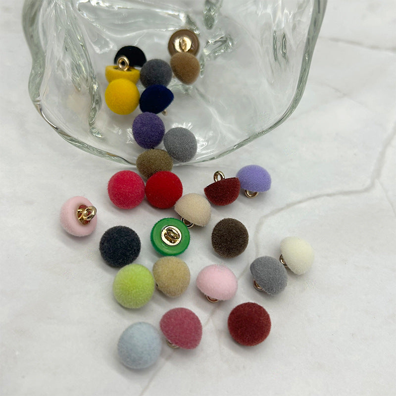 Assorted 10mm flocked mushroom buttons with metal shanks, mixed colors in clear bowl