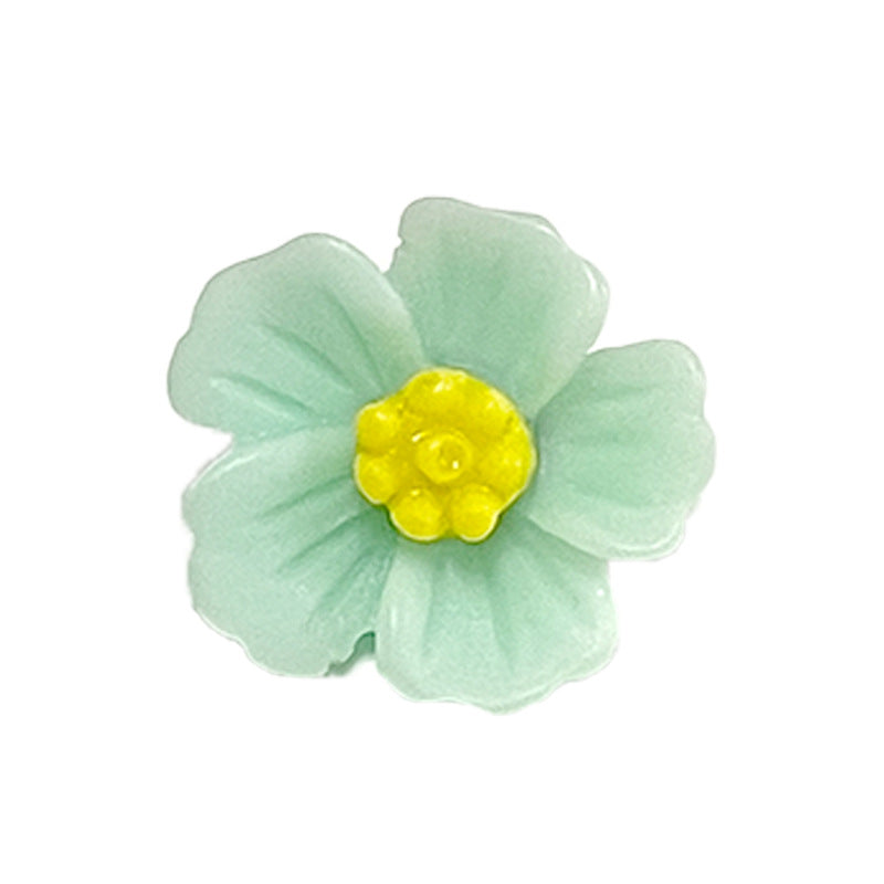 Türkisfarbener 14-mm Blumenknopf aus Kunststoff mit gelbem Kern und Schaft