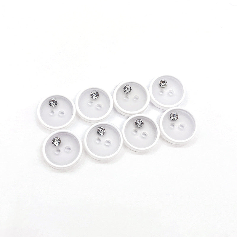 Round white resin buttons, two-hole design with clear rhinestone, 12.5/15mm