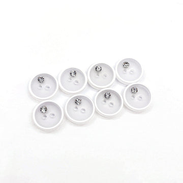 Round white resin buttons, two-hole design with clear rhinestone, 12.5/15mm