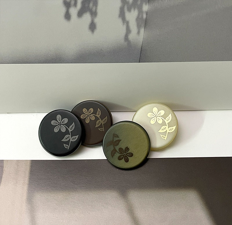 Round resin coat buttons, floral laser-cut pattern, black, green, coffee, and white set