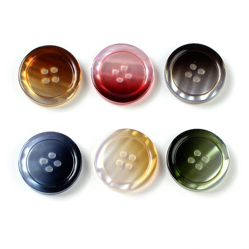 Round gradient resin buttons, four-hole; amber, red-pink, dark/black, navy, gold, green (set)