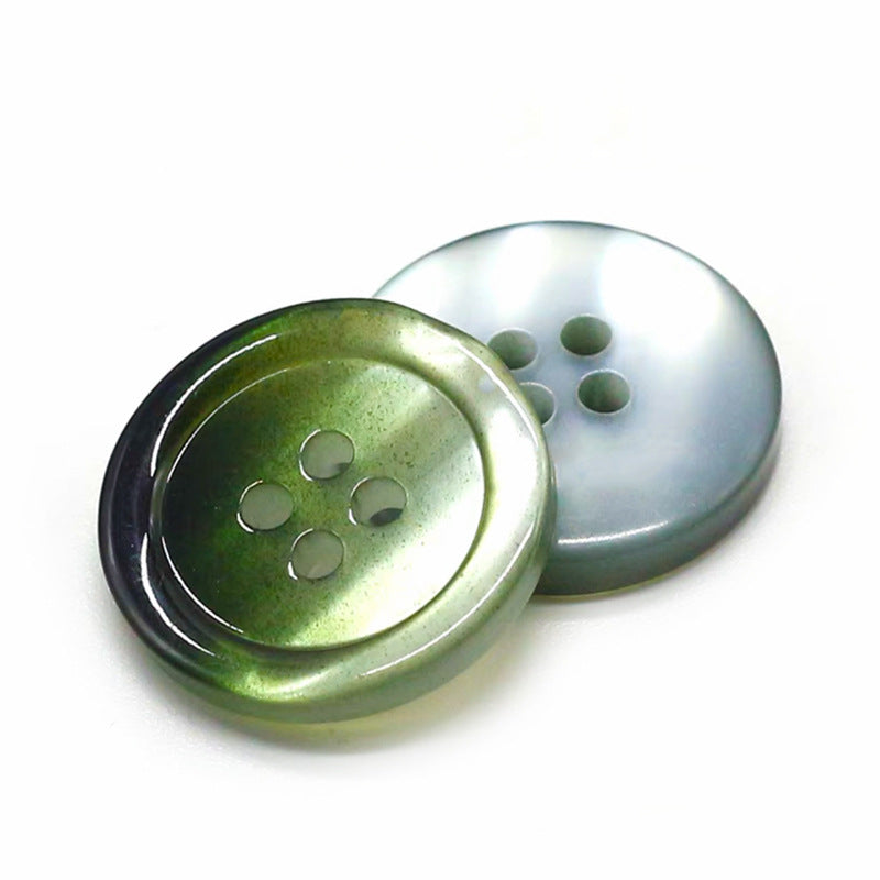 Olive-green and gray round gradient resin button with four holes, glossy pearlized finish