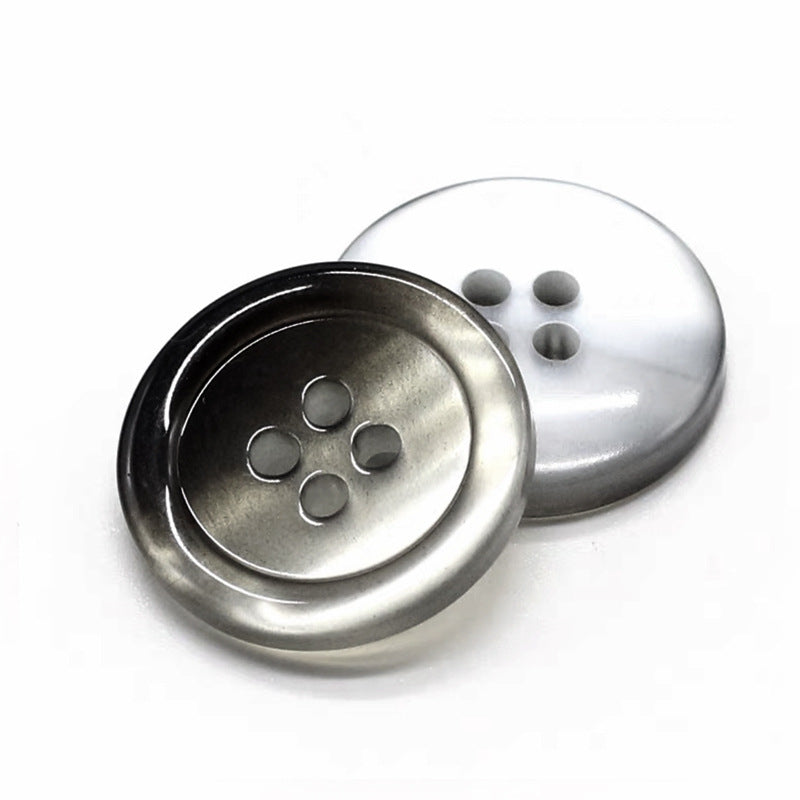 Dark gray and silver round gradient resin button with four holes, glossy pearlized finish