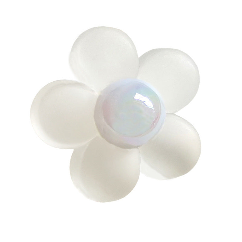 Translucent resin flower button with shank, 6-petal design, iridescent center