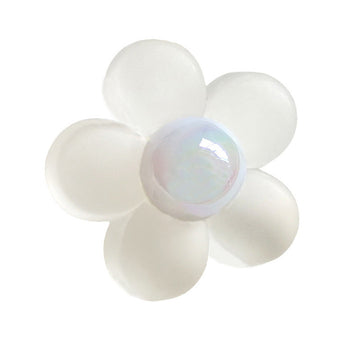 Translucent resin flower button with shank, 6-petal design, iridescent center