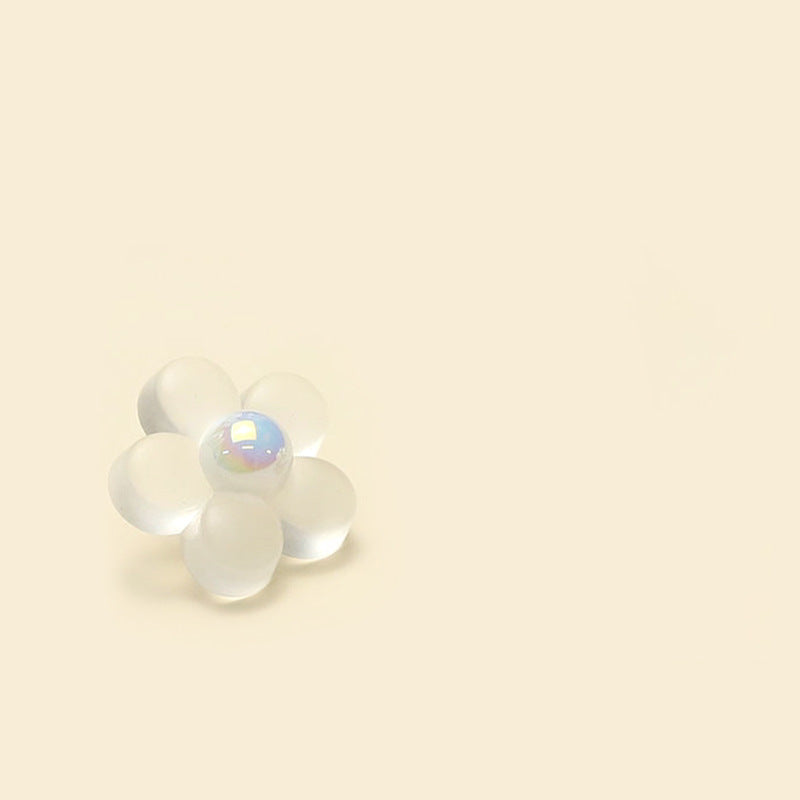 Translucent resin flower button with shank, 6 petals, iridescent center