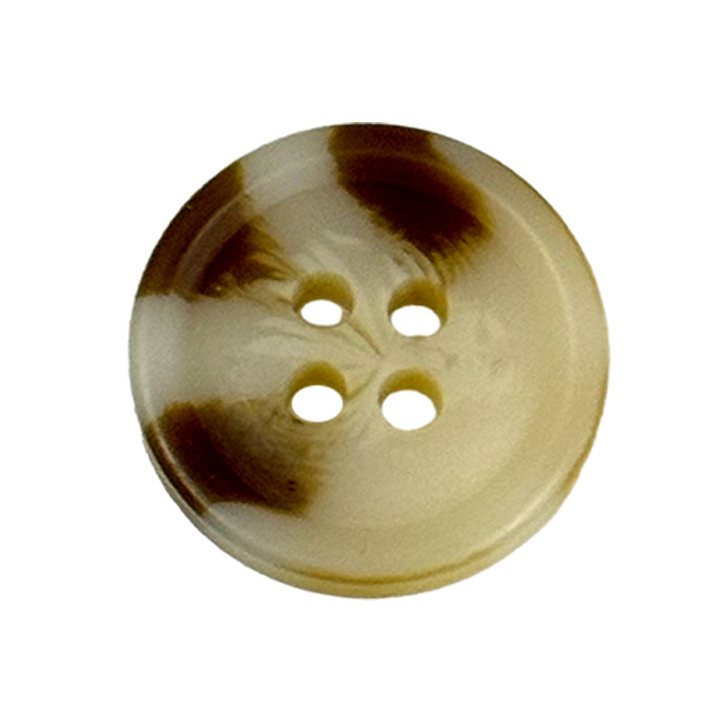 Brown patterned round resin button with four holes, close-up.