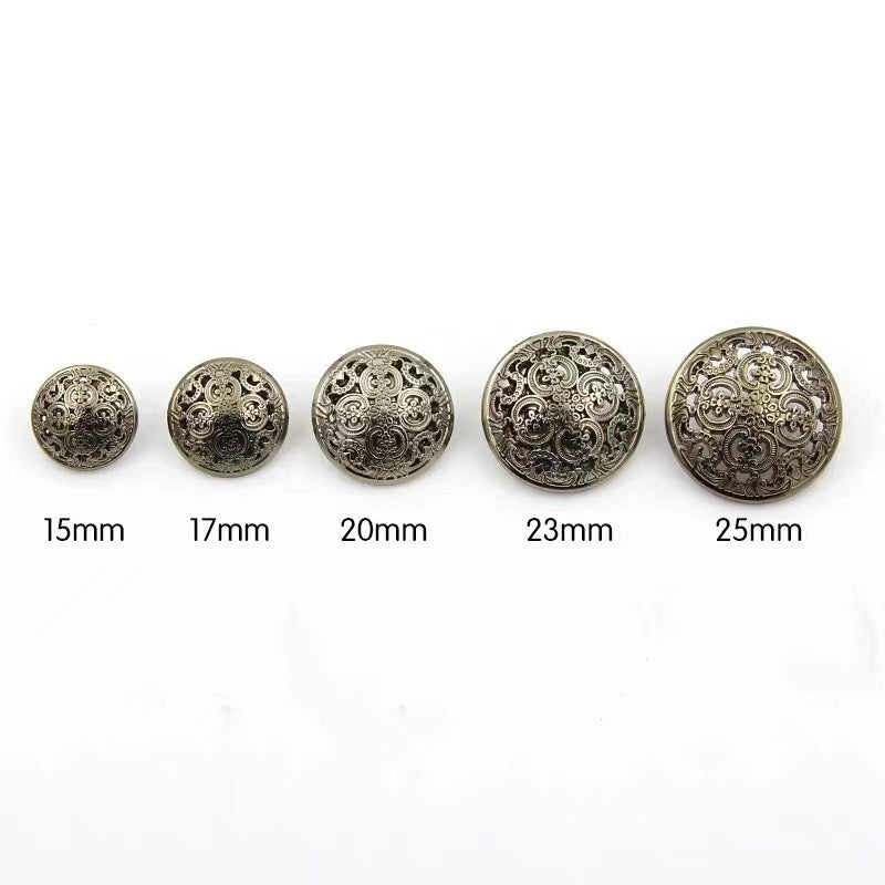 Metallknöpfe, hohler Schaft, Größenvergleich: 15mm bis 25mm, rundes Ornamentdesign