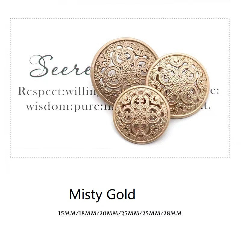 Metallknöpfe mit hohlem Schaft, Vintage-Ornamente, misty gold, rund