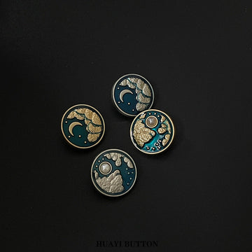 Vintage metal sewing buttons, blue enamel, pearl moon motif, metal rim, 20mm.