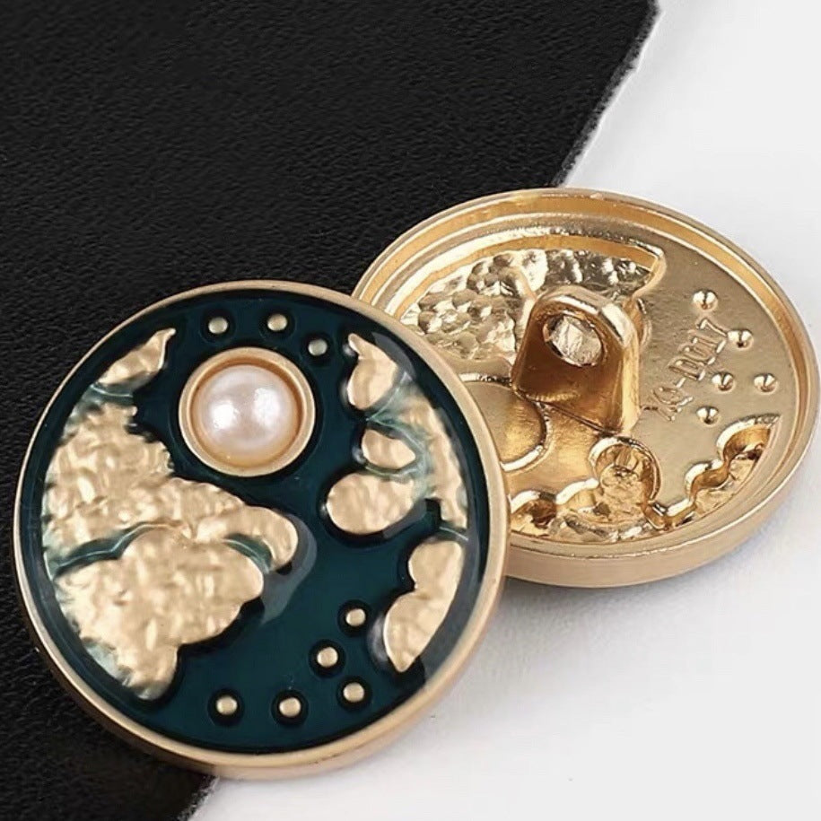 Moon motif sewing button, blue enamel with pearl center, gold-tone metal, 20mm.