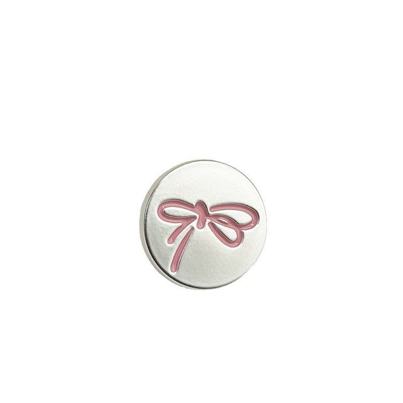 Pink bow-knot painted metal flat button with shank, round silver face