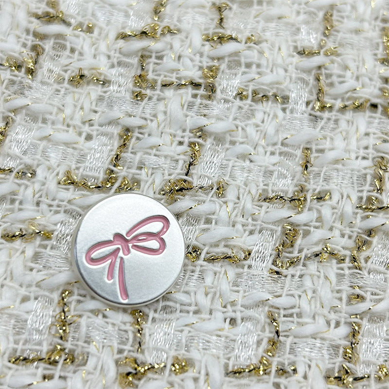 Pink bow-knot painted metal flat button with shank, round silver face