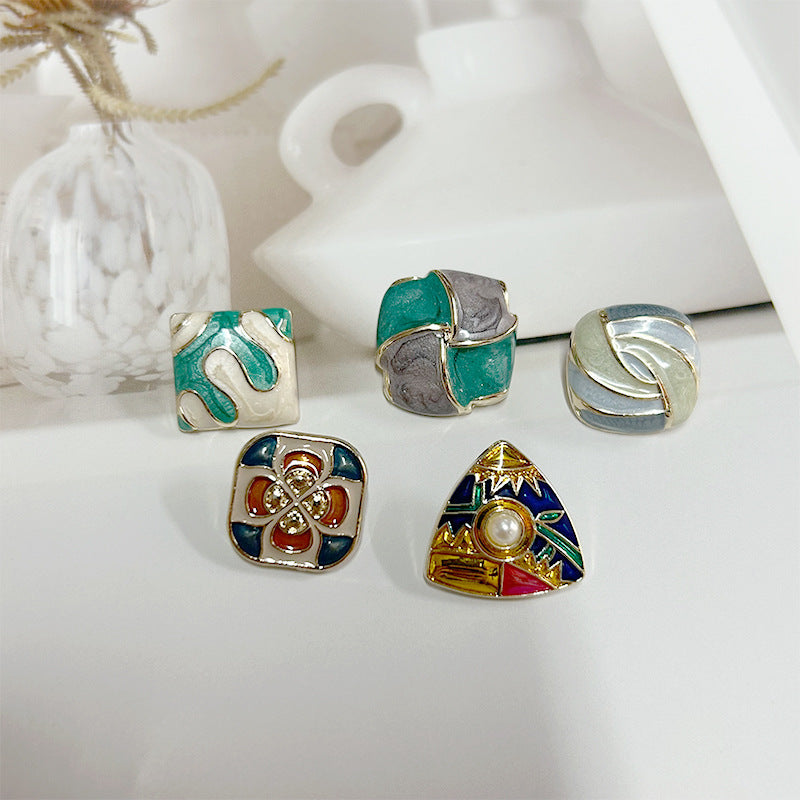 Enamel coat buttons set: teal and silver floral, colorful geometric, pearl look center