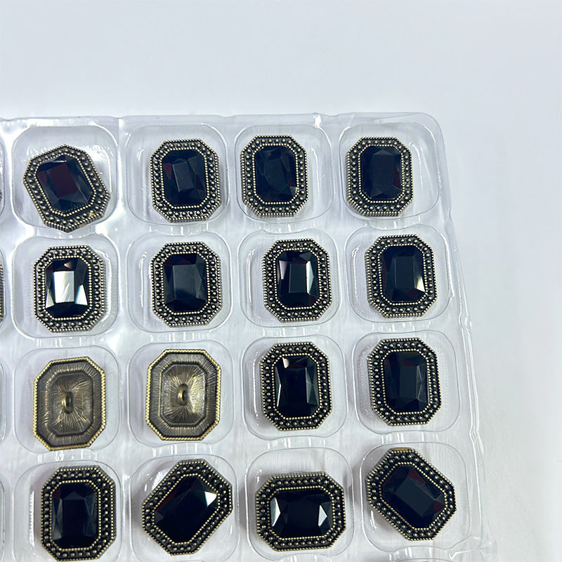 12er-Set Vintage Diamant-Knöpfe: schwarze Einsätze mit silberner Einfassung und Ösenrückseite
