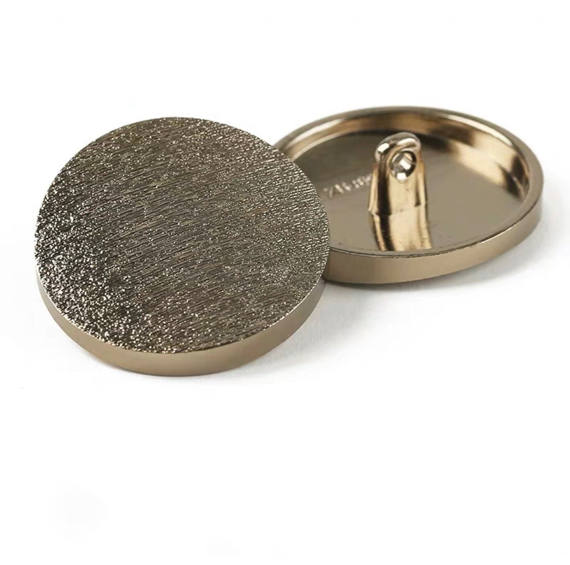 Round frosted metal shank button, dark speckled gold front and underside (Tea Gold)