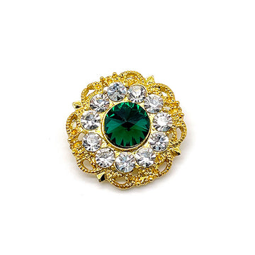 26mm gold-tone hollow button, green center gemstone with crystal surround