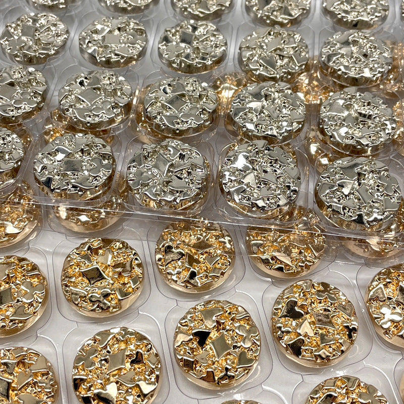 Assorted round convex metal sewing buttons, gold and silver, playing-card pattern