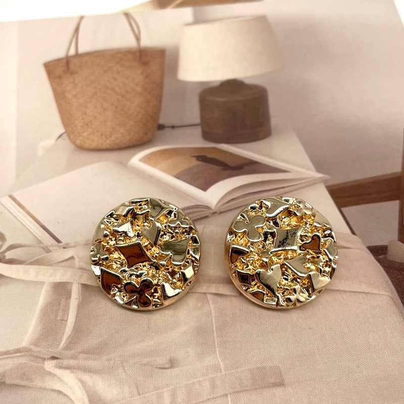 Round convex metal sewing buttons, gold, playing-card pattern on button face