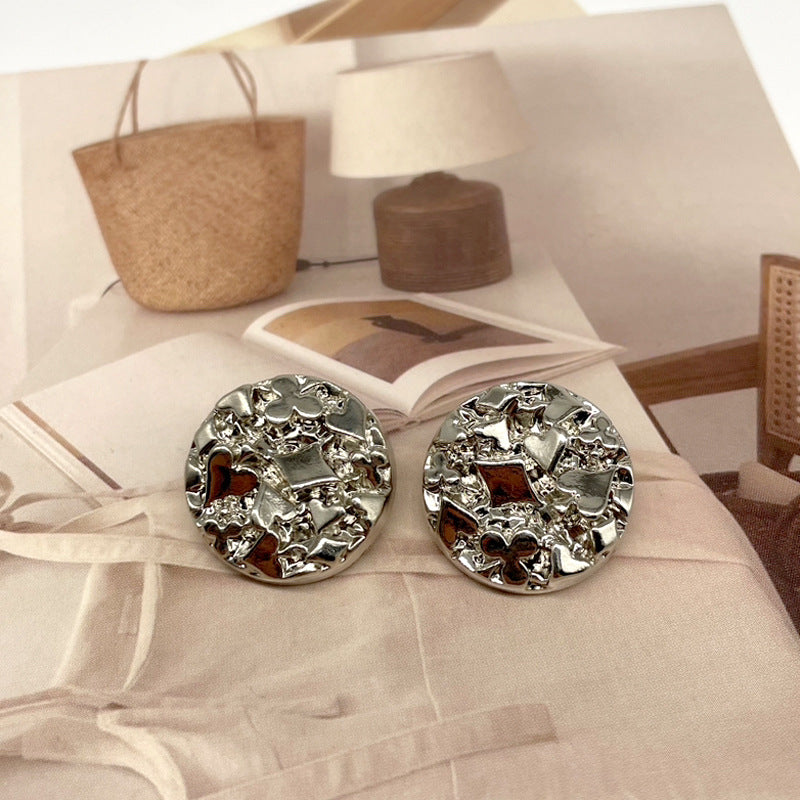 Round convex metal sewing buttons, silver, playing-card pattern on button face