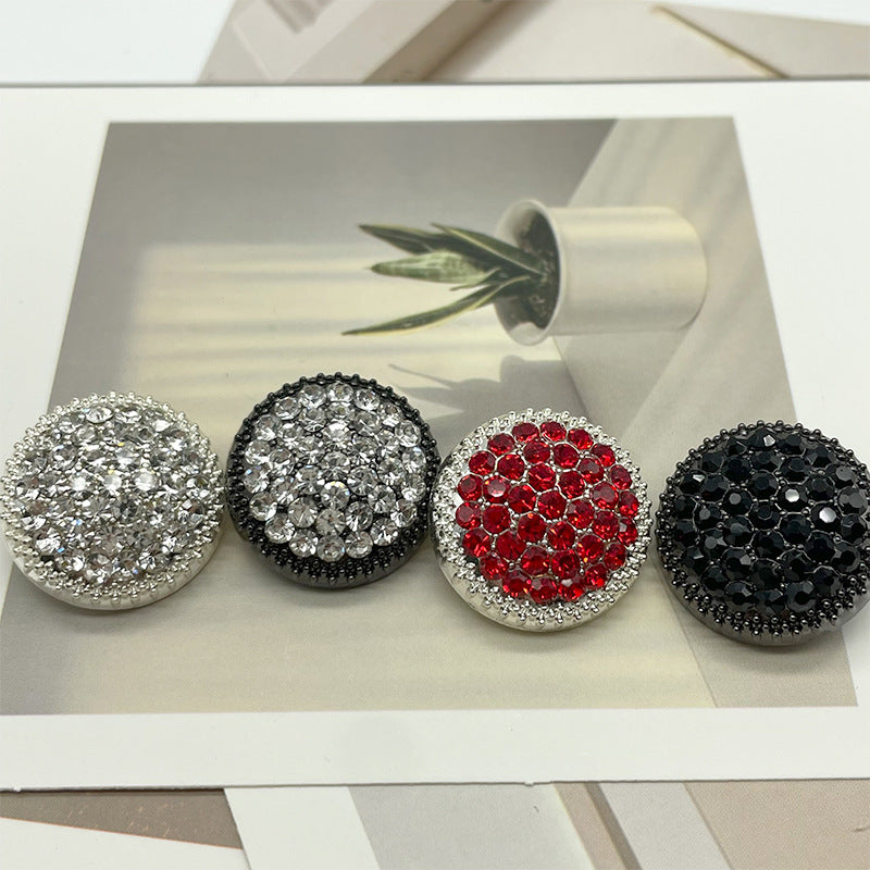Set of round rhinestone buttons: clear, black, red, and dark crystal with metal rim