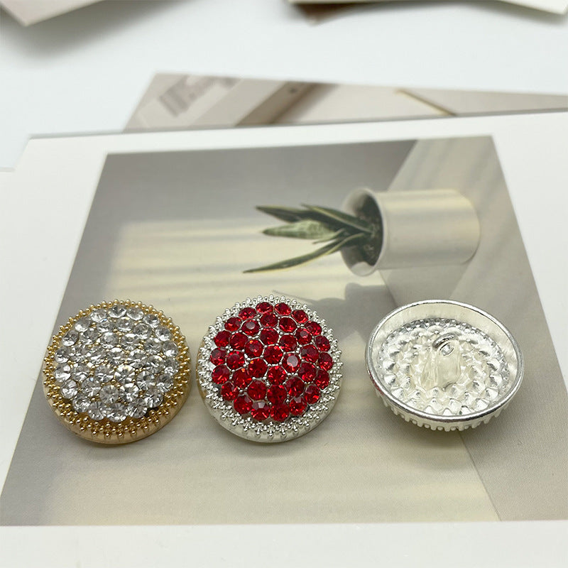 Round rhinestone buttons: gold crystal front, red crystal front, and silver ridged underside