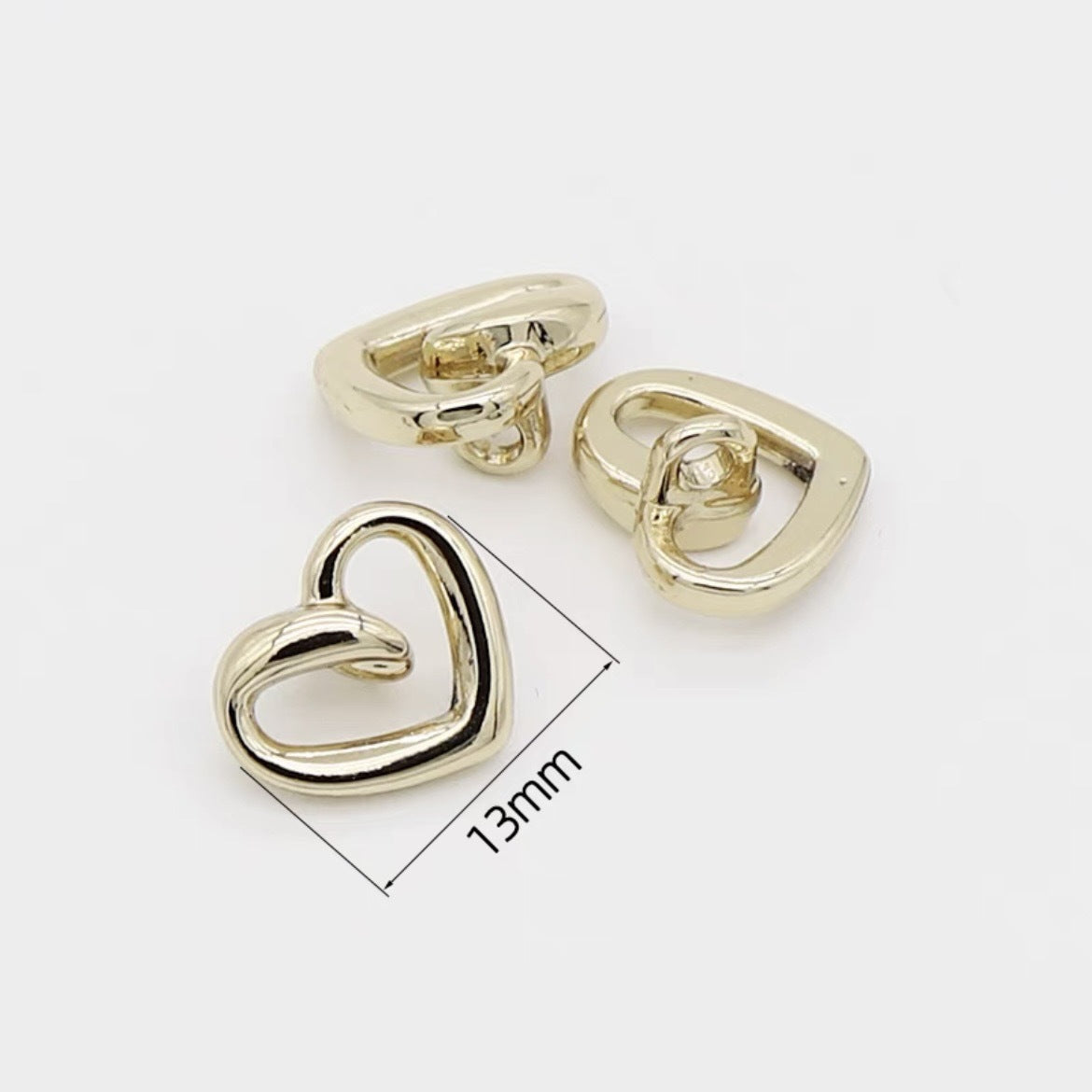 Gold heart shirt buttons, 13mm high-shank style, looped metal backs
