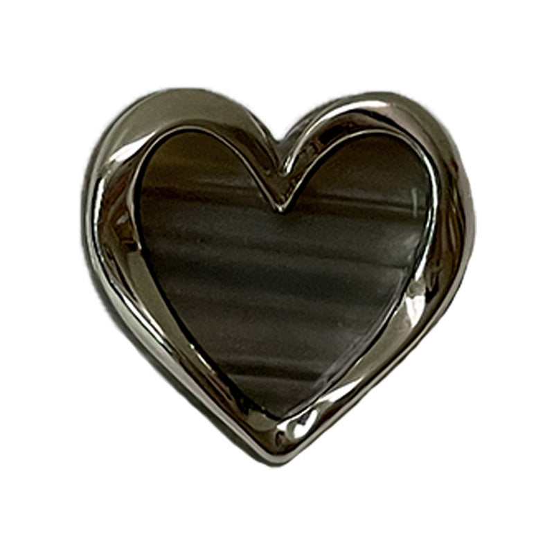 Heart-shaped metal button, dark two-tone interior with glossy silver outer frame