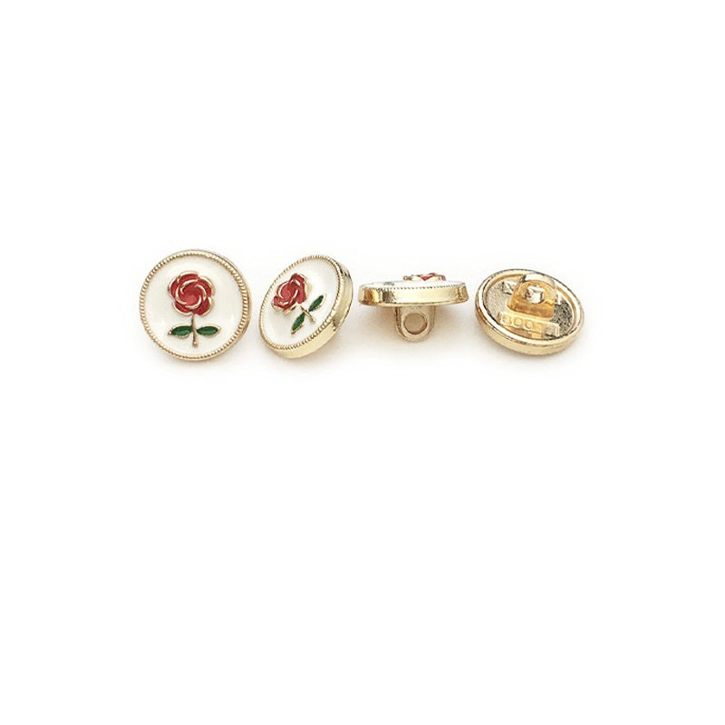 Round rose buttons: front red rose with leaves plus backside view, gold tone