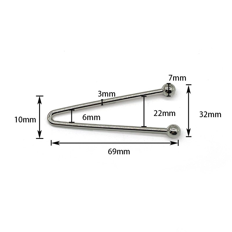 U-shaped swimwear hook clasp with ball ends, size diagram showing 69mm length