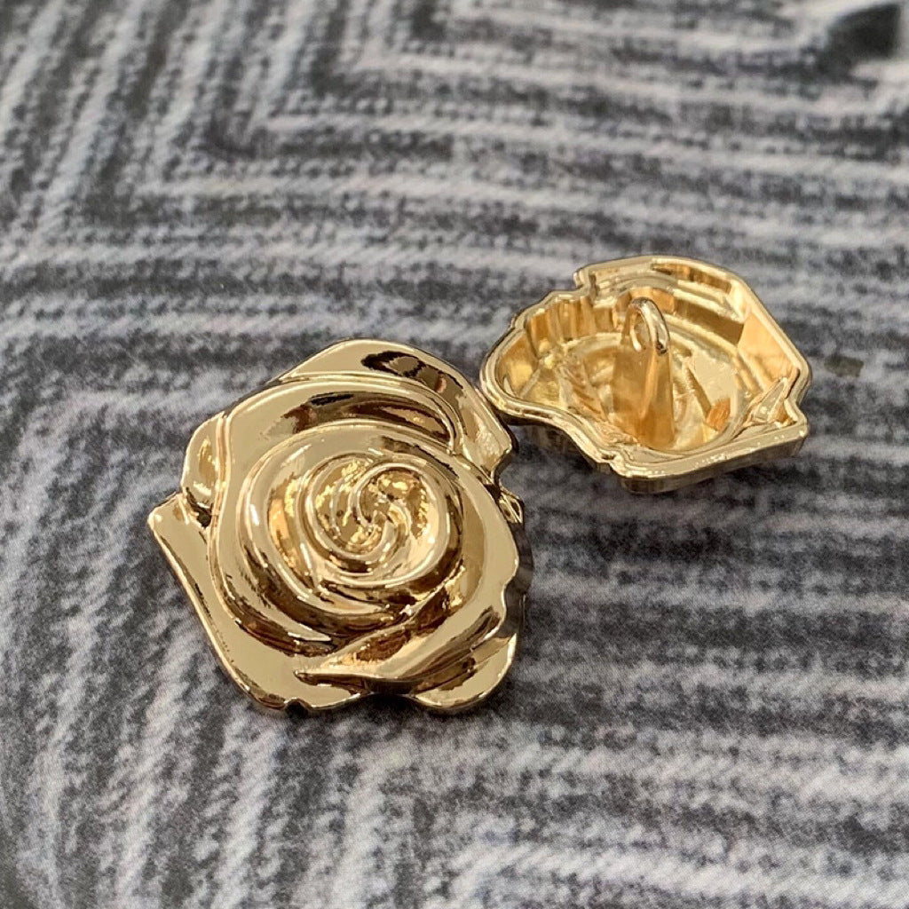 Pair of 3D rose metal buttons, tea gold tone, with sew-through shank