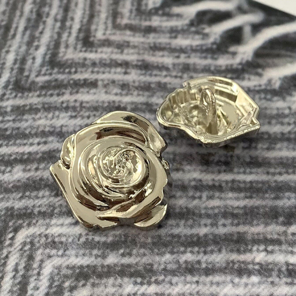 Pair of 3D rose metal buttons in silver tone, sew-on back with shank