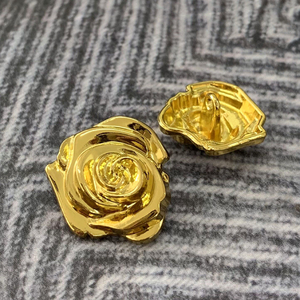 3D vintage rose metal buttons, gold tone, front spiral flower design