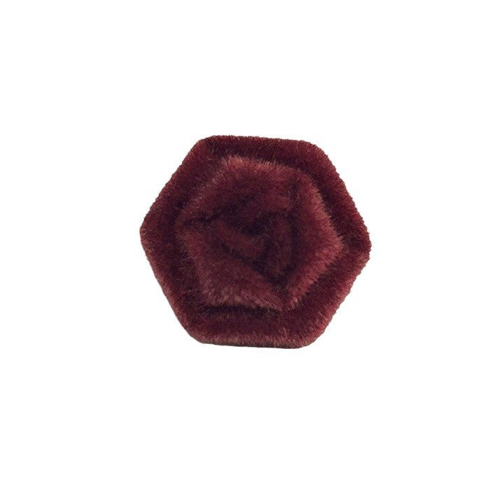 Red hexagonal rose flocked metal shank button, maroon velvet texture