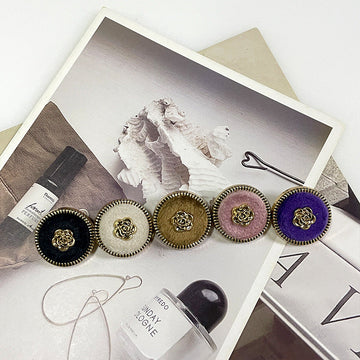 Flocked round camellia metal buttons, mixed colors, gold center, 18/23/25mm set