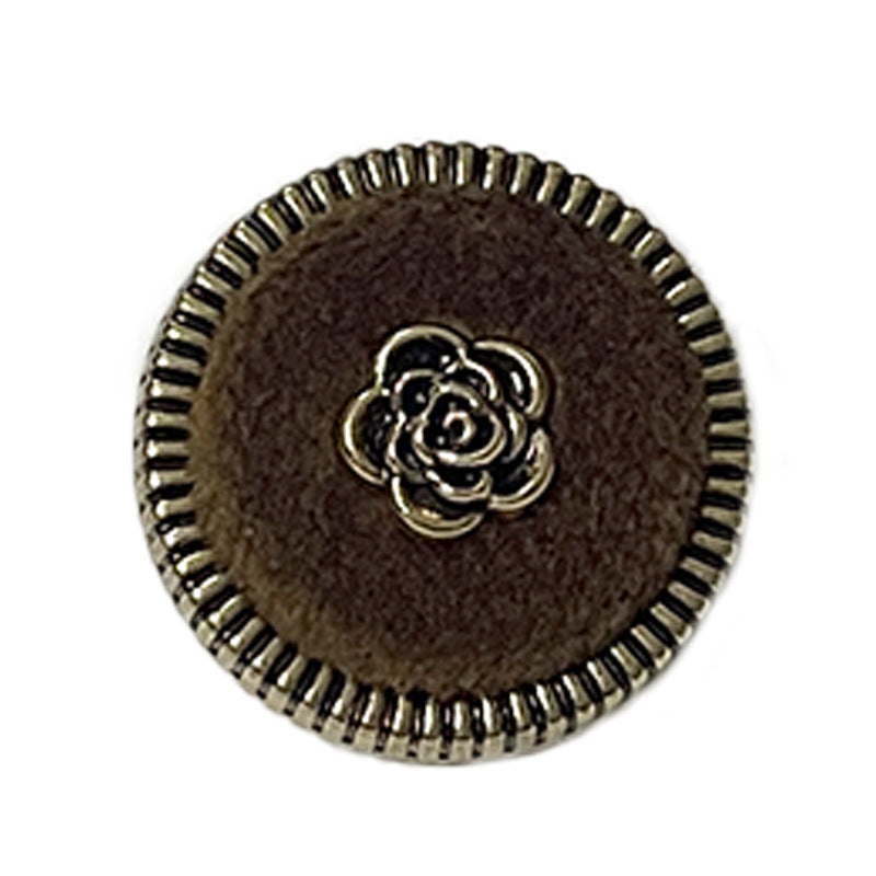 Round dark brown flocked camellia metal button with gold center and ridged edge, 18/23/25mm