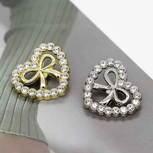 Heart-Shaped Rhinestone-Encrusted Bow Metal Buttons for Women's Dresses 12pcs