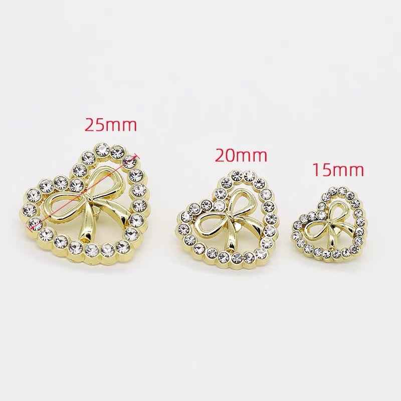 Strass-Schleifenknopf Herz, goldfarben, Größen 25 mm, 20 mm, 15 mm