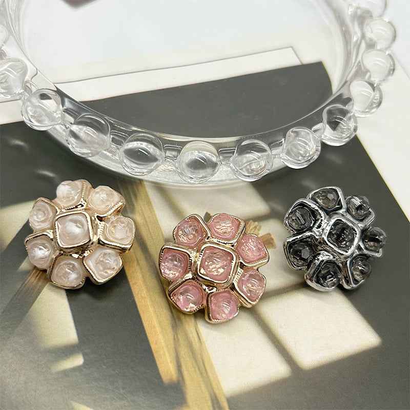 Crystal flower metal buttons set: pink, white, and black (3 colors shown)