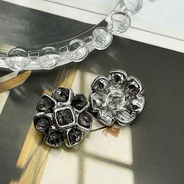 Black crystal flower metal buttons with silver-tone bezels and square faceted crystals