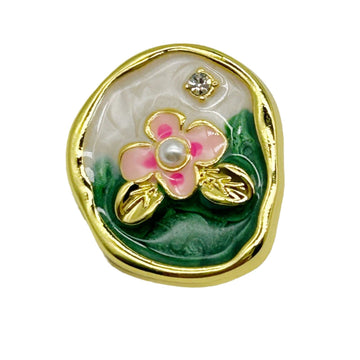 Oval flower embellished button in gold, pink petals with pearl center and small stones