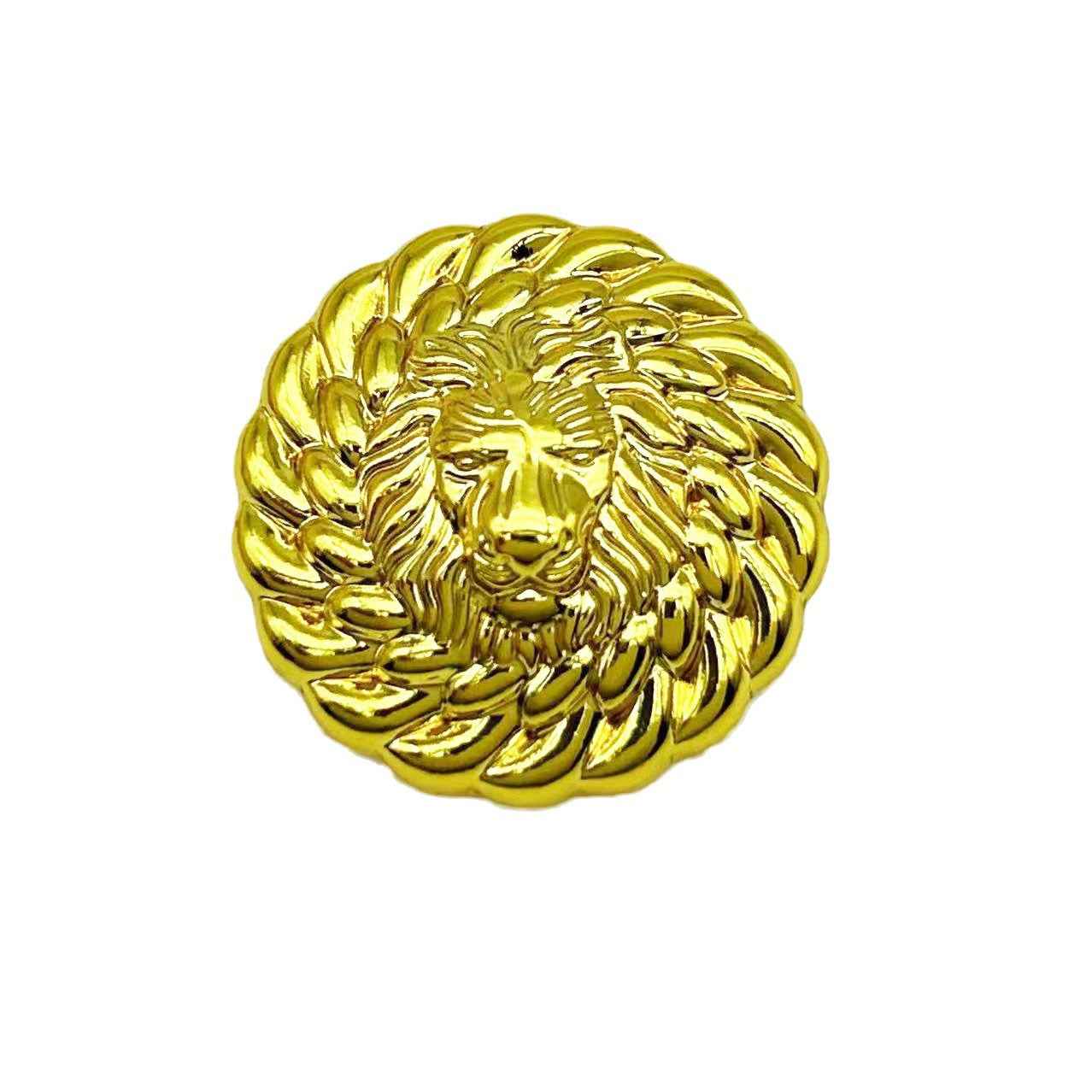 Bright gold lion head button, round, ornate embossed mane and face details