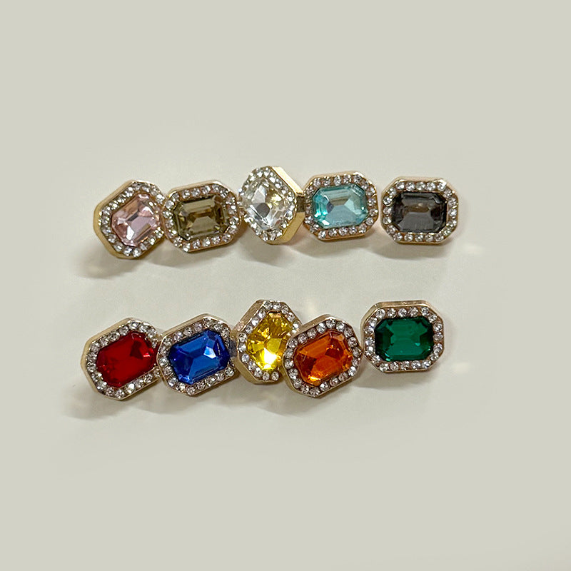 Square 12mm buttons with crystal border and multicolor gemstone centers on gold-tone base