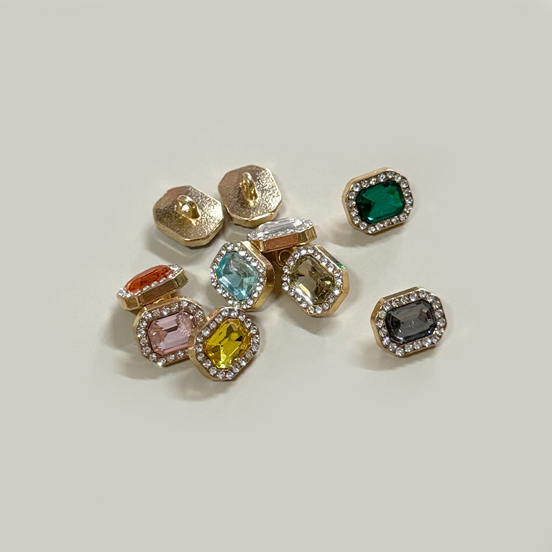 Square 12mm rhinestone-trim buttons with assorted gemstone colors and gold-tone backs