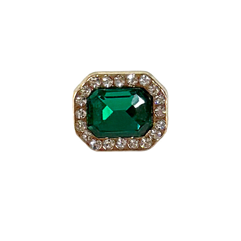 Square 12mm button with green gemstone center surrounded by crystal border on gold-tone