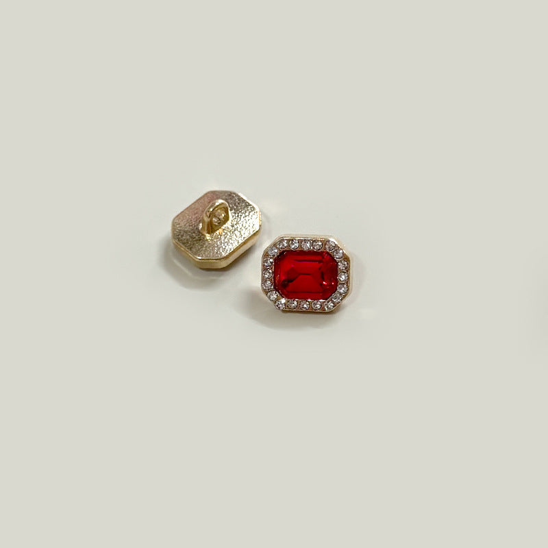 Square 12mm button with red gemstone center and crystal border on gold-tone base