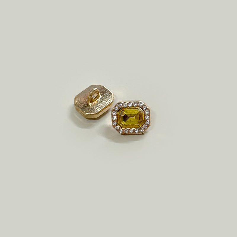 Square 12mm button with yellow gemstone center and crystal border on gold-tone base